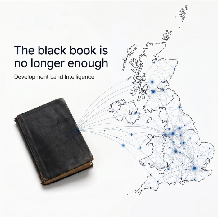 A worn black book beside a map of the UK with connection lines fanning out to blue nodes across its cities, under the words 'The black book is no longer enough'.